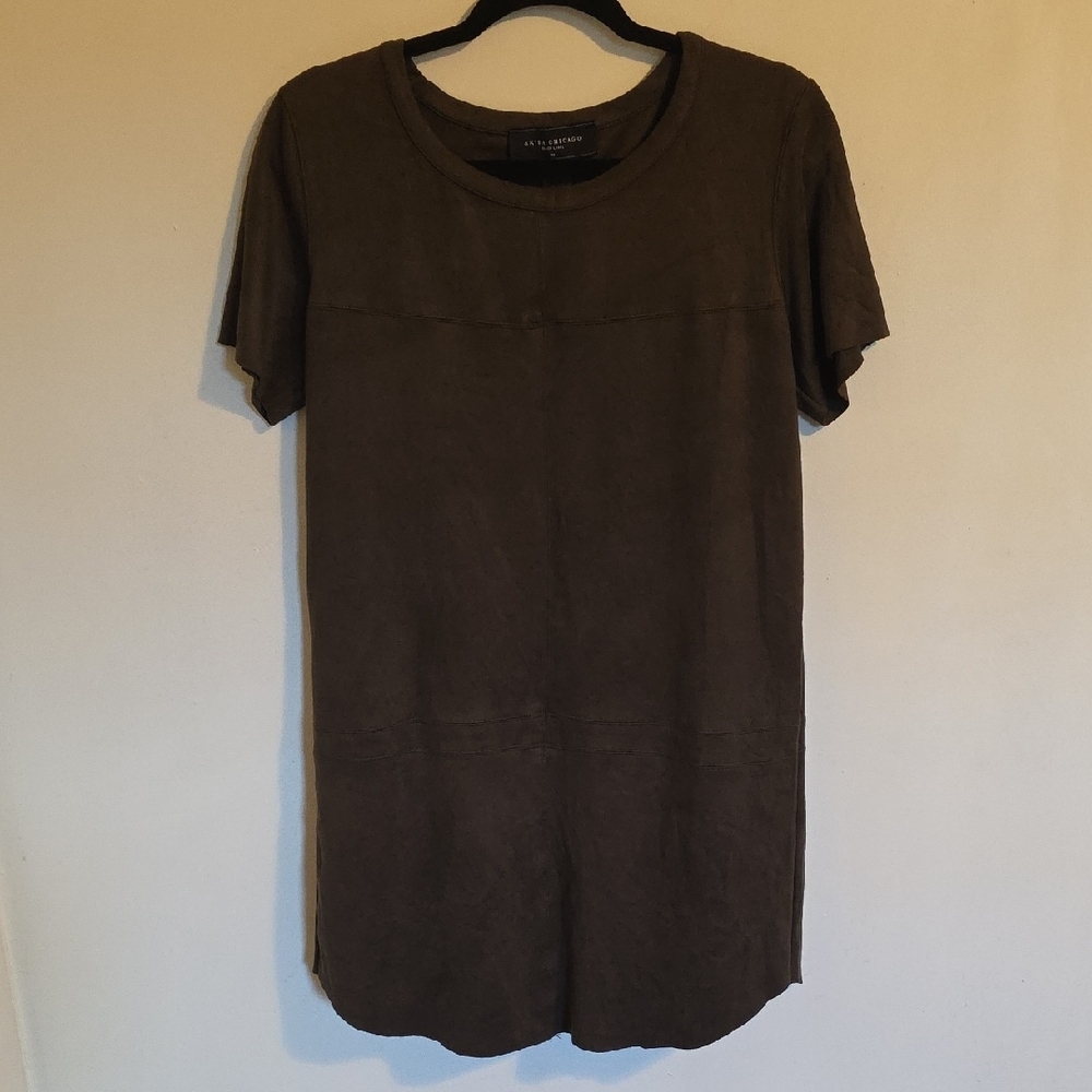 AKIRA Olive Green Faux Suede Casual Mini Dress Crew Neck Short Sleeve